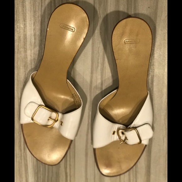 Coach White Wedge Sandals with Gold Buckle - Picture 4 of 4